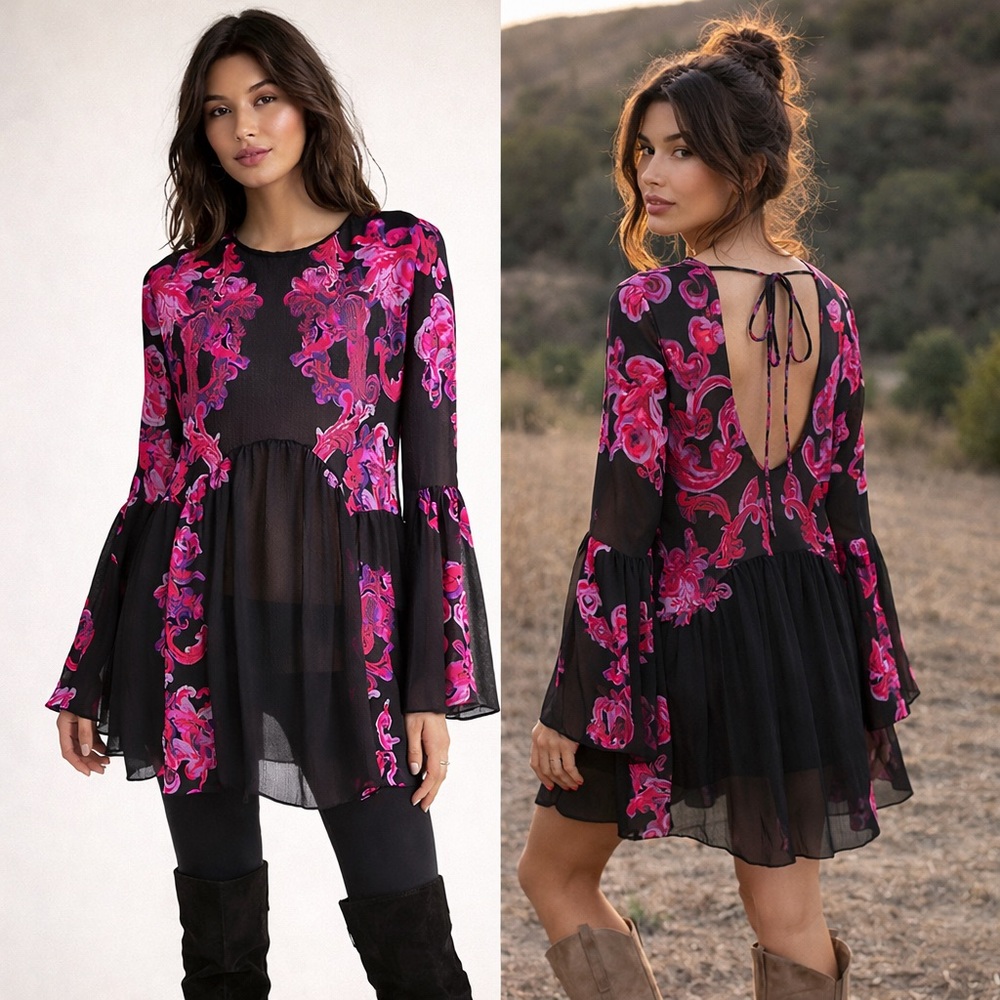 Free People Sheer Baroque Print Bell Sleeve Tunic Mini Dress Boho Open Back XS